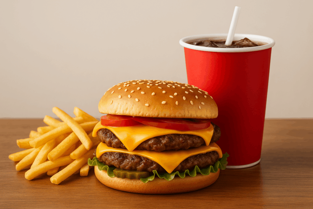 fast food-burger, fries and a soda