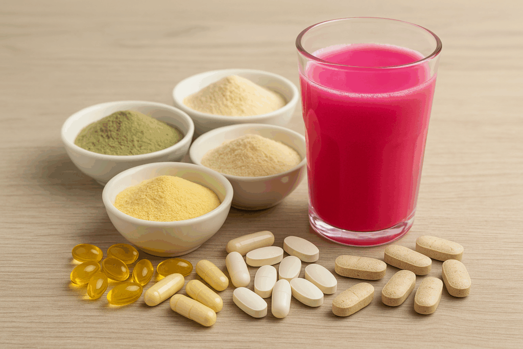 Table with dietary supplements, protein powders, and a pink sports drink
