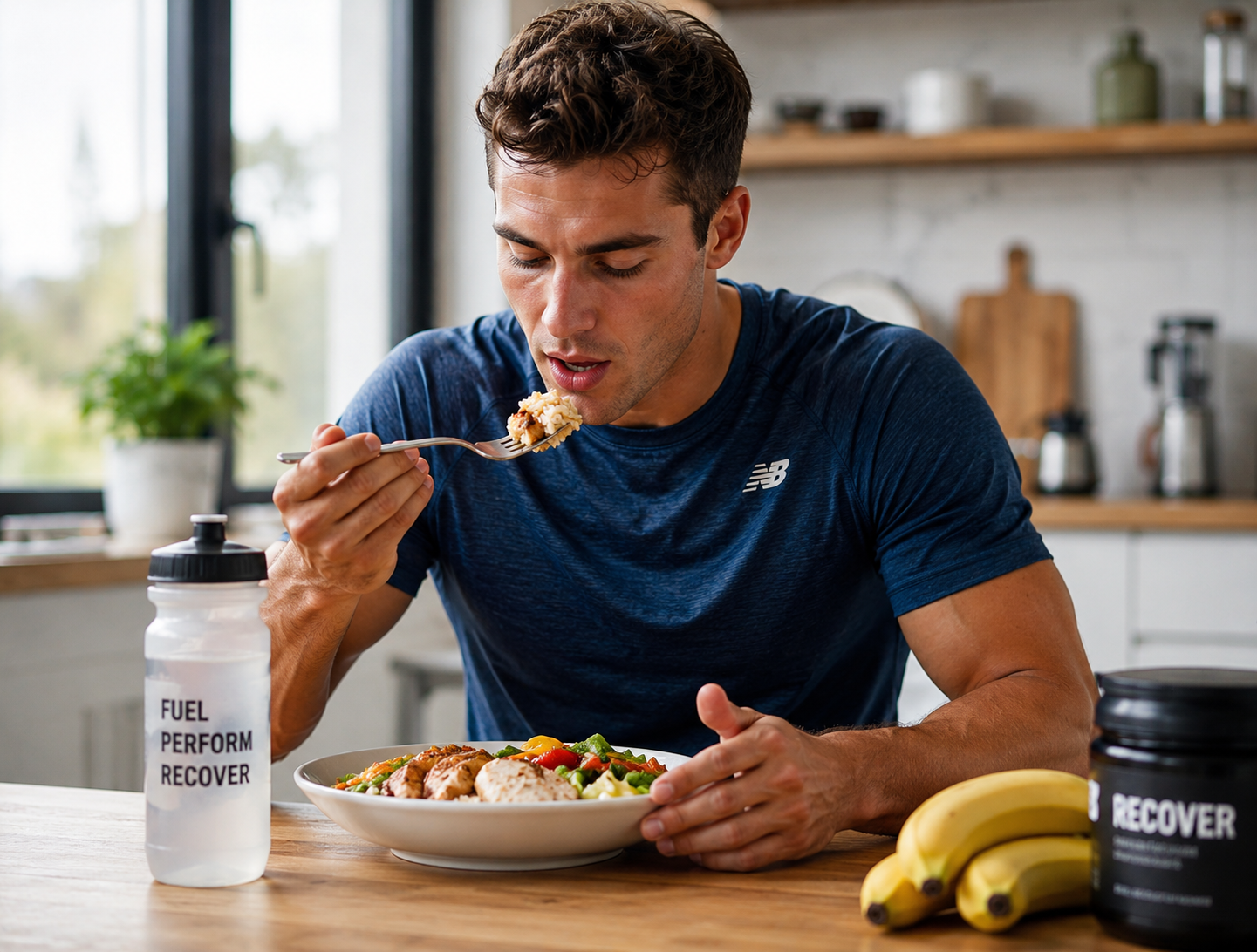 Athlete eating a healthy pre-workout meal with chicken, rice, and vegetables in a modern kitchen, with hydration and recovery supplements nearby.